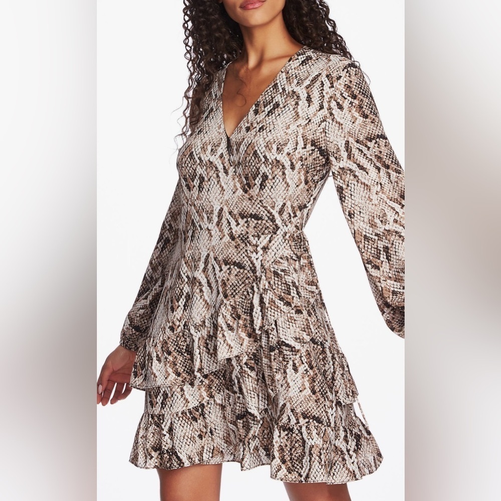 1. STATE Brown Sultry Snakeskin Print Ruffled Long Sleeve Wrap Mini Dress Size 4